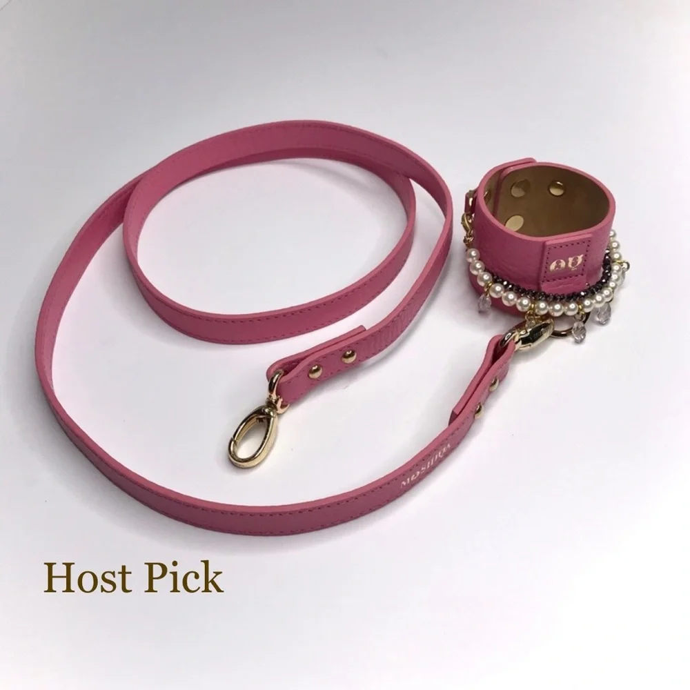 MOSHIQA Pink Leather Pearl Bracelet Dog Leash Crystal Cuff Luxury Pet Frenchie - Picture 1 of 15